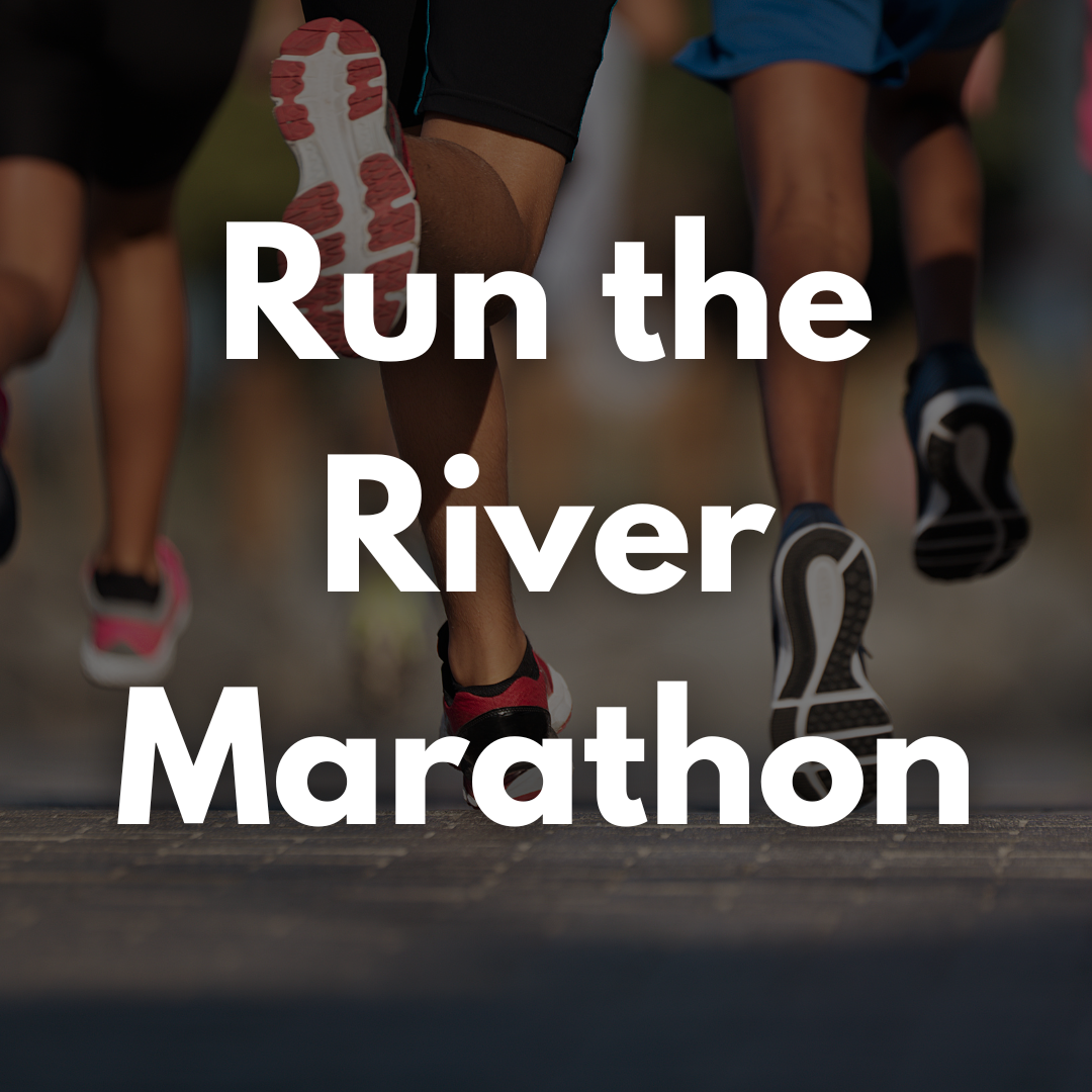 Photo of three runners legs and feet running on pavement with the text "Run the River Marathon" over the photo to promote a local event in Tri-Cities, Washington