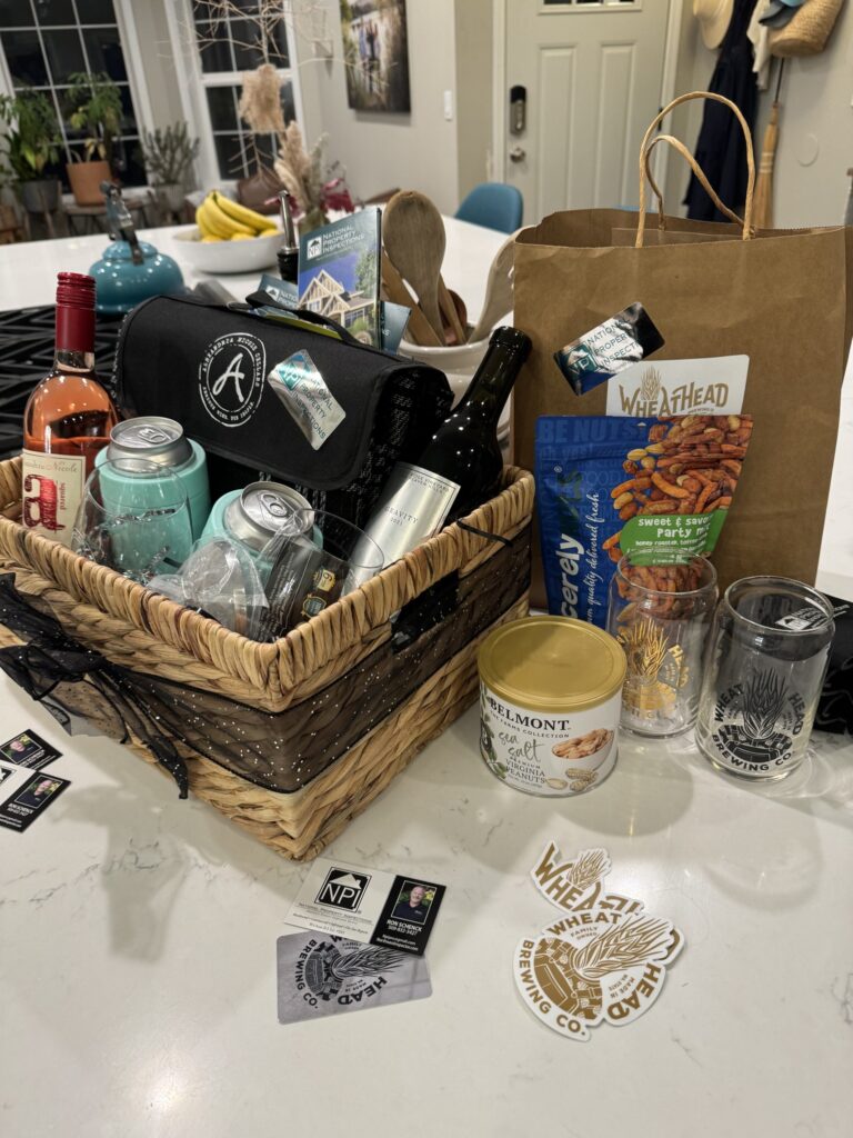 Local Business Gift Basket. Included is Wheathead Brewery, Npi, and Other Items.